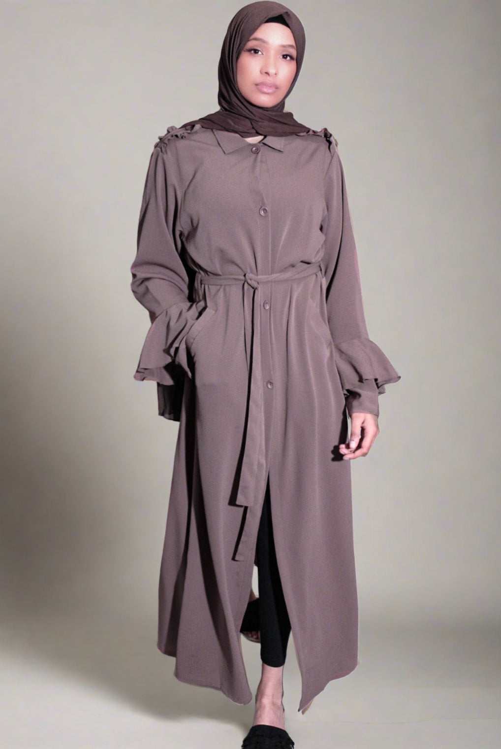 modest open abaya with extra arm room shirt style front button jacket. a modest fashion must