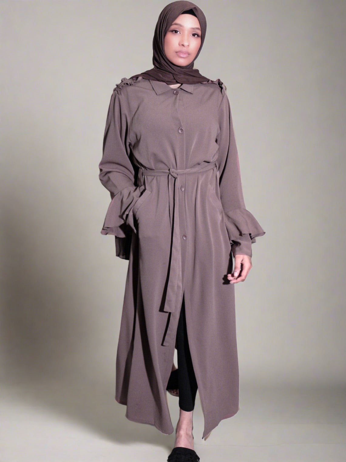 modest open abaya with extra arm room shirt style front button jacket. a modest fashion must