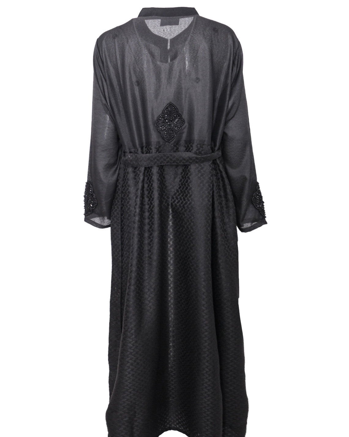 Back beading detail on the Keffiyeh black longline jacket