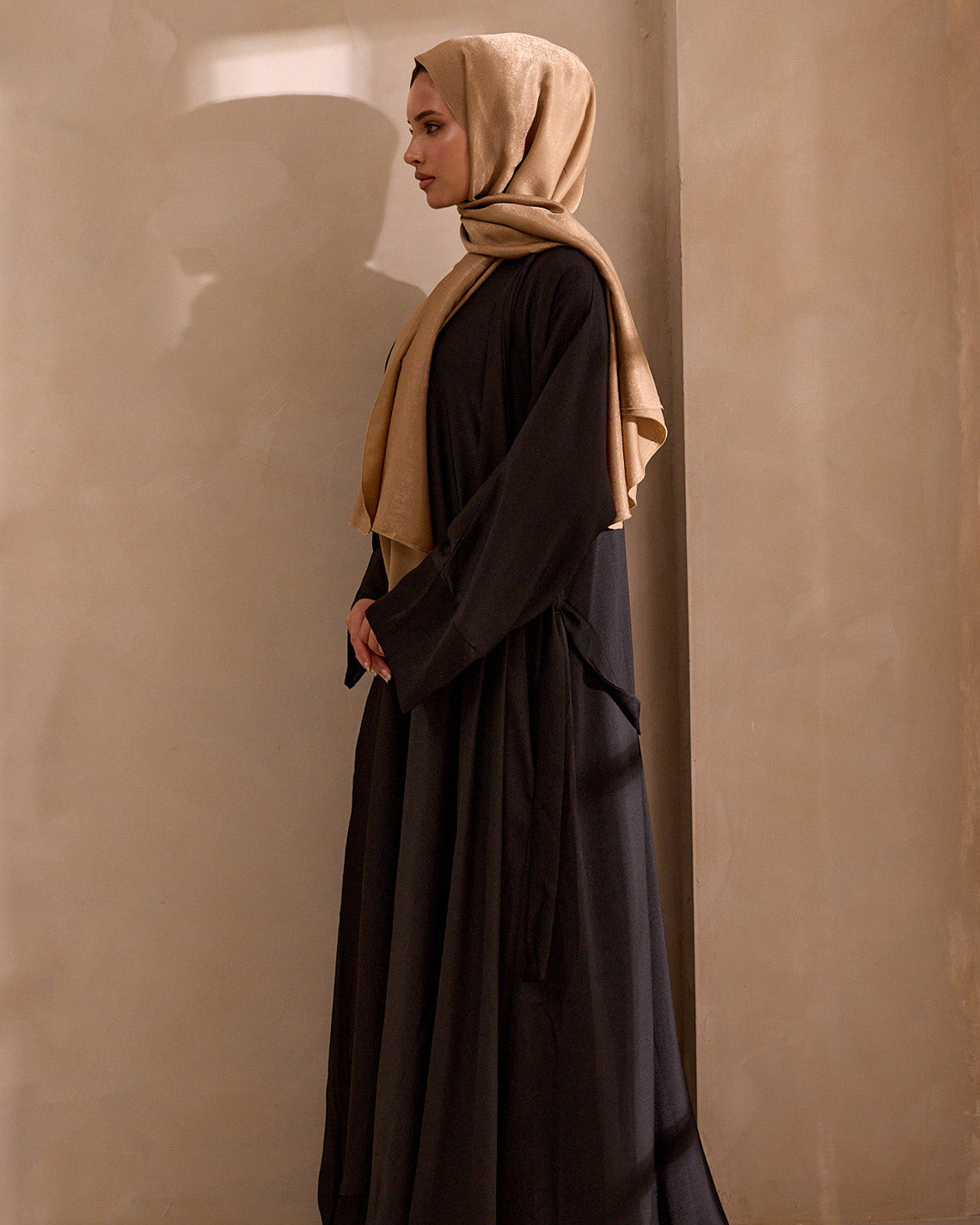 Lightweight black open-front modest jacket with wide sleeves