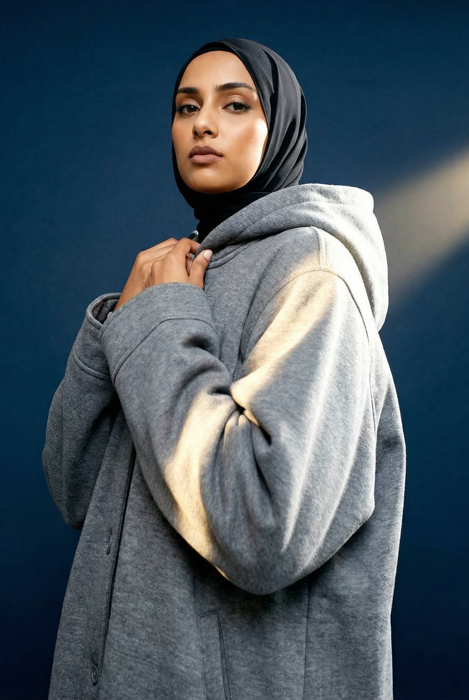 Woman wearing a black hijab and blue hoodie against a dark blue background.