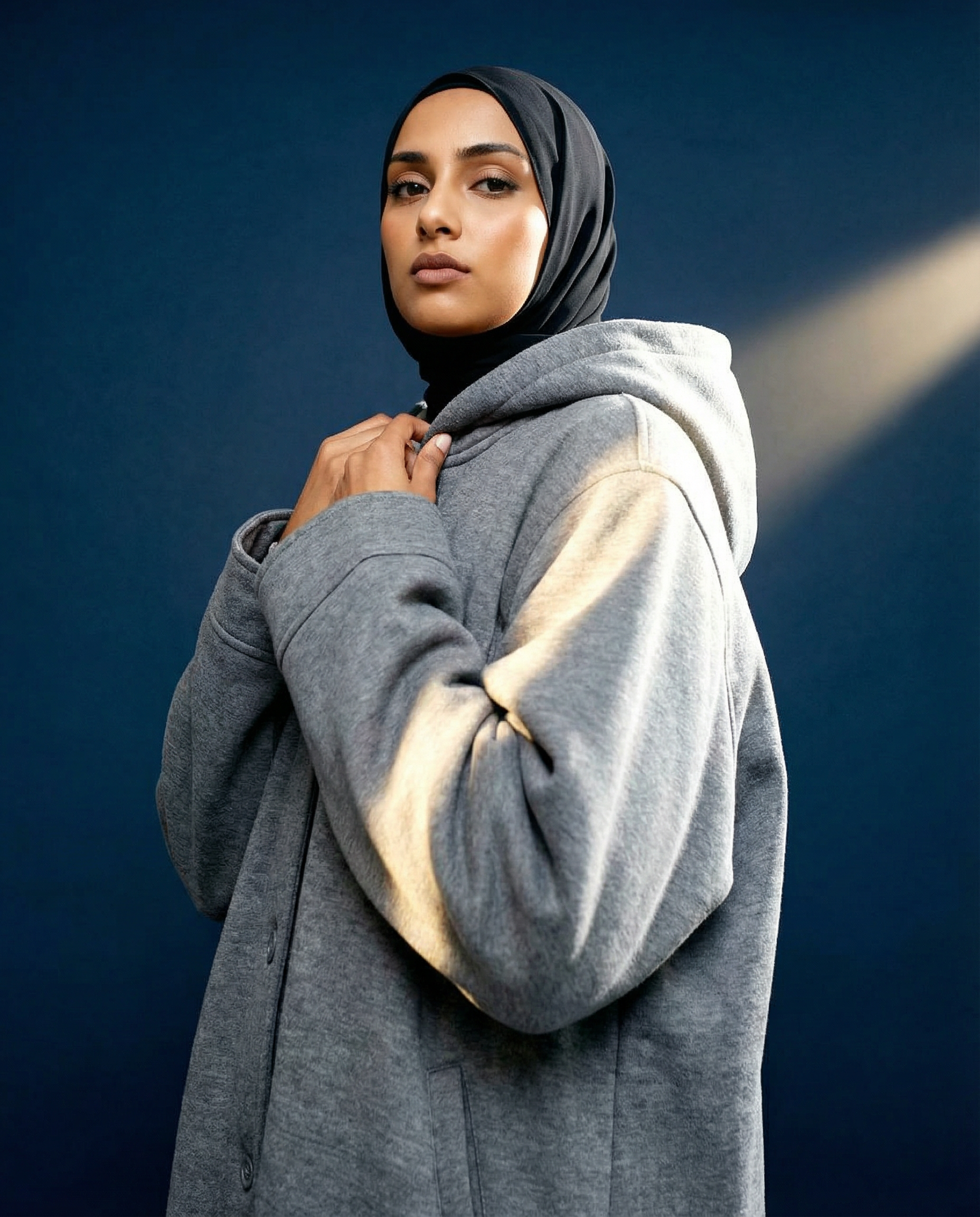 Woman wearing a black hijab and blue hoodie against a dark blue background.
