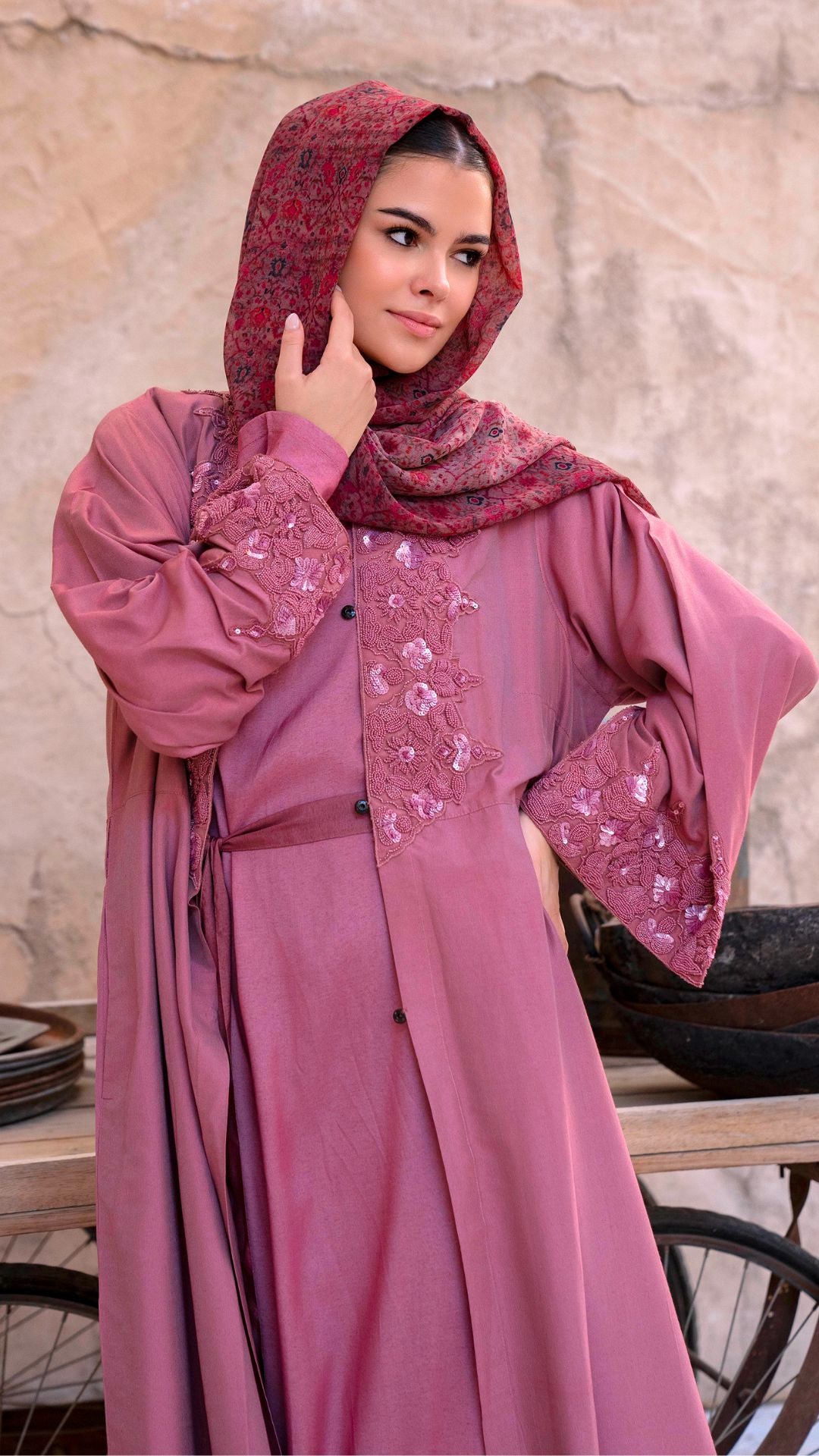 Blush pink embellished kimono jacket in a 60 inch length