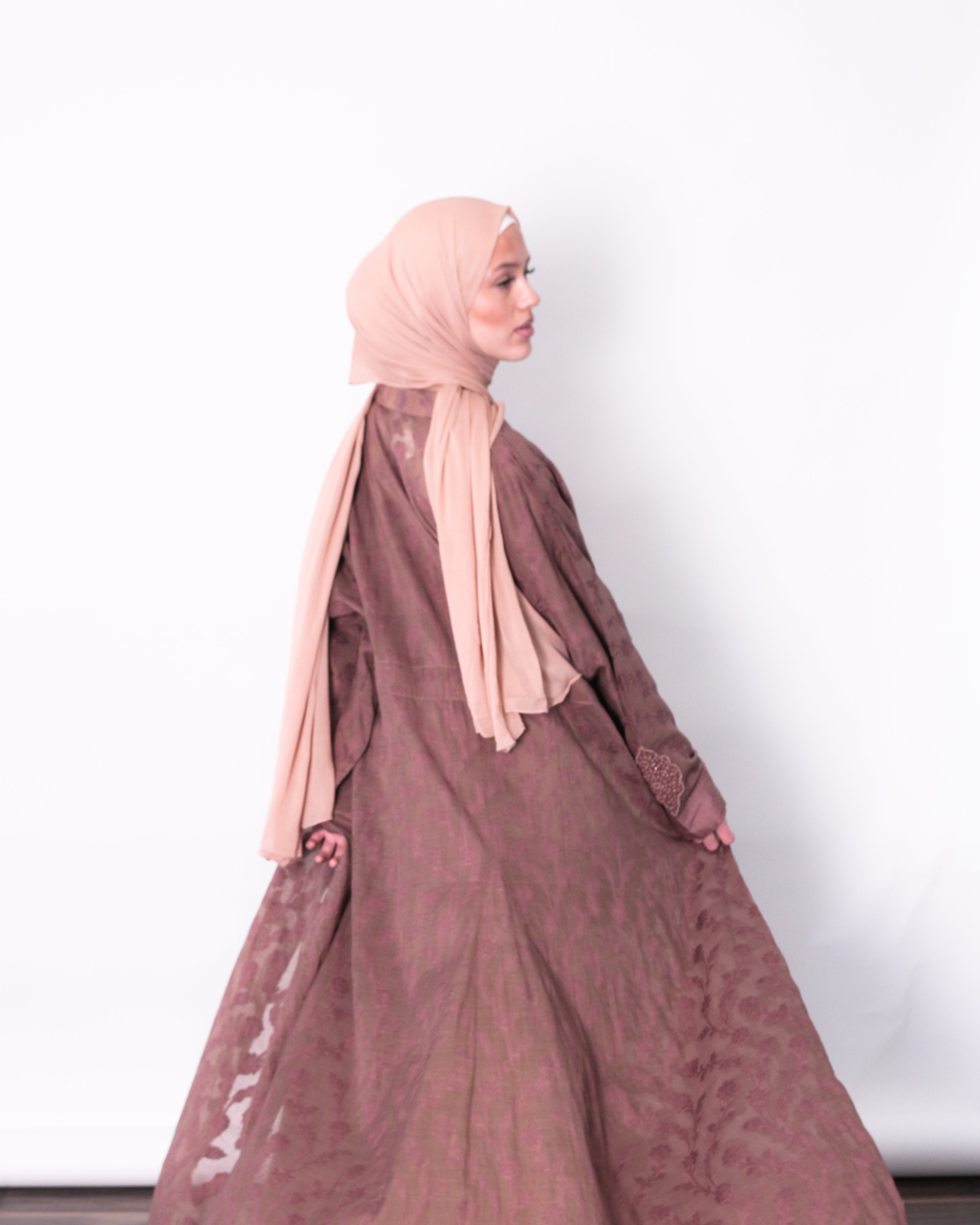 Clay mauve modest jacket set with woven floral jacquard