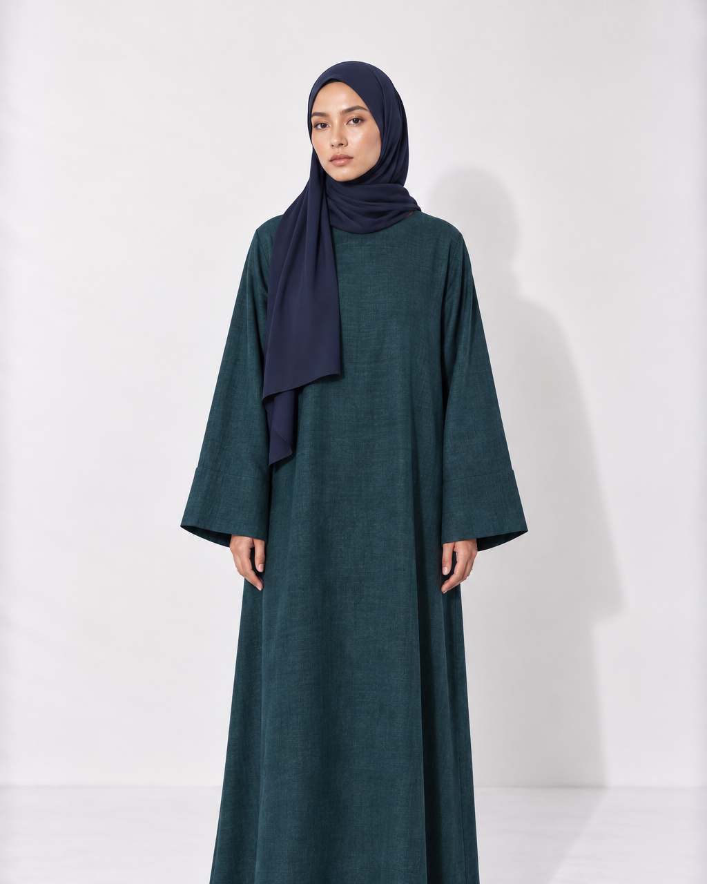 Fayrouz jewel toned teal linen lycra abaya with wide sleeves, full length modest abaya
