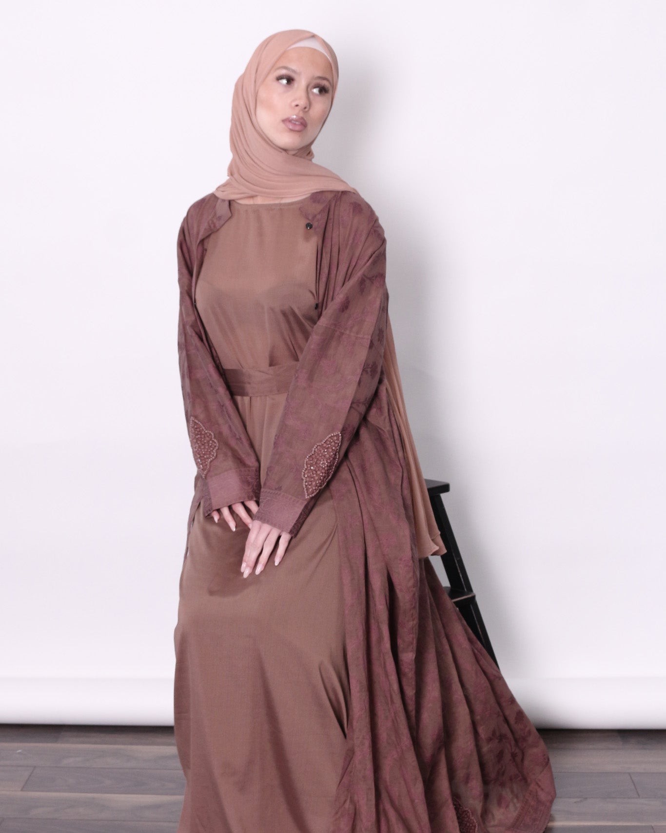 Full-length modest clay mauve jacket set with waist tie