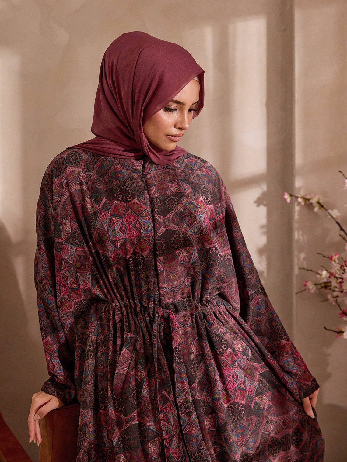 Fully lined Majlis chiffon kaftan with pull belt waist