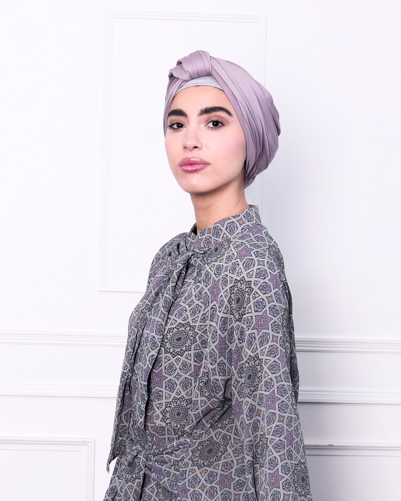Grey chiffon dress styled with lilac hijab
