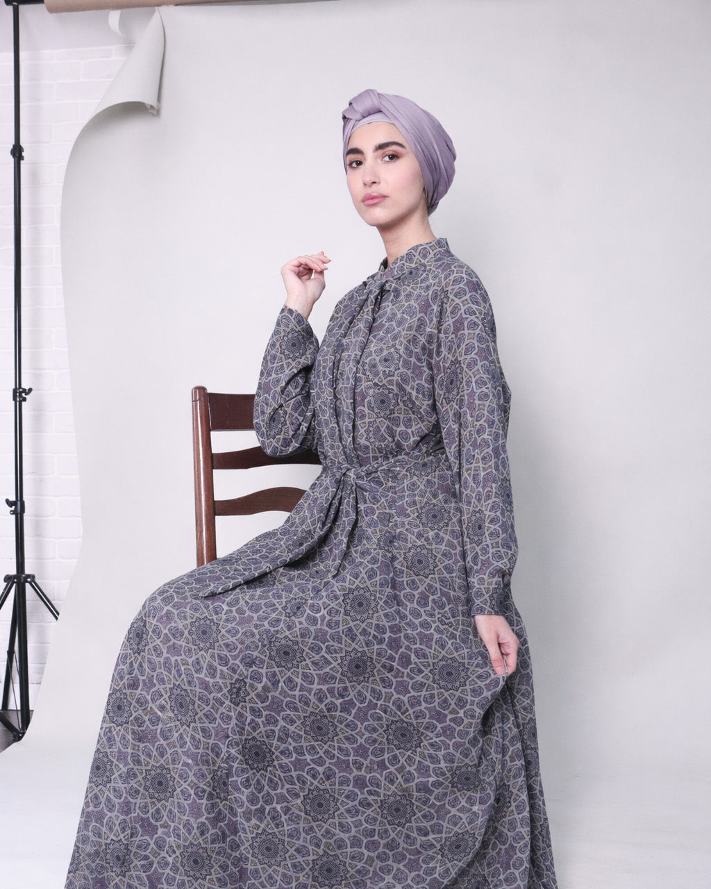Grey printed chiffon dress with lining and pockets