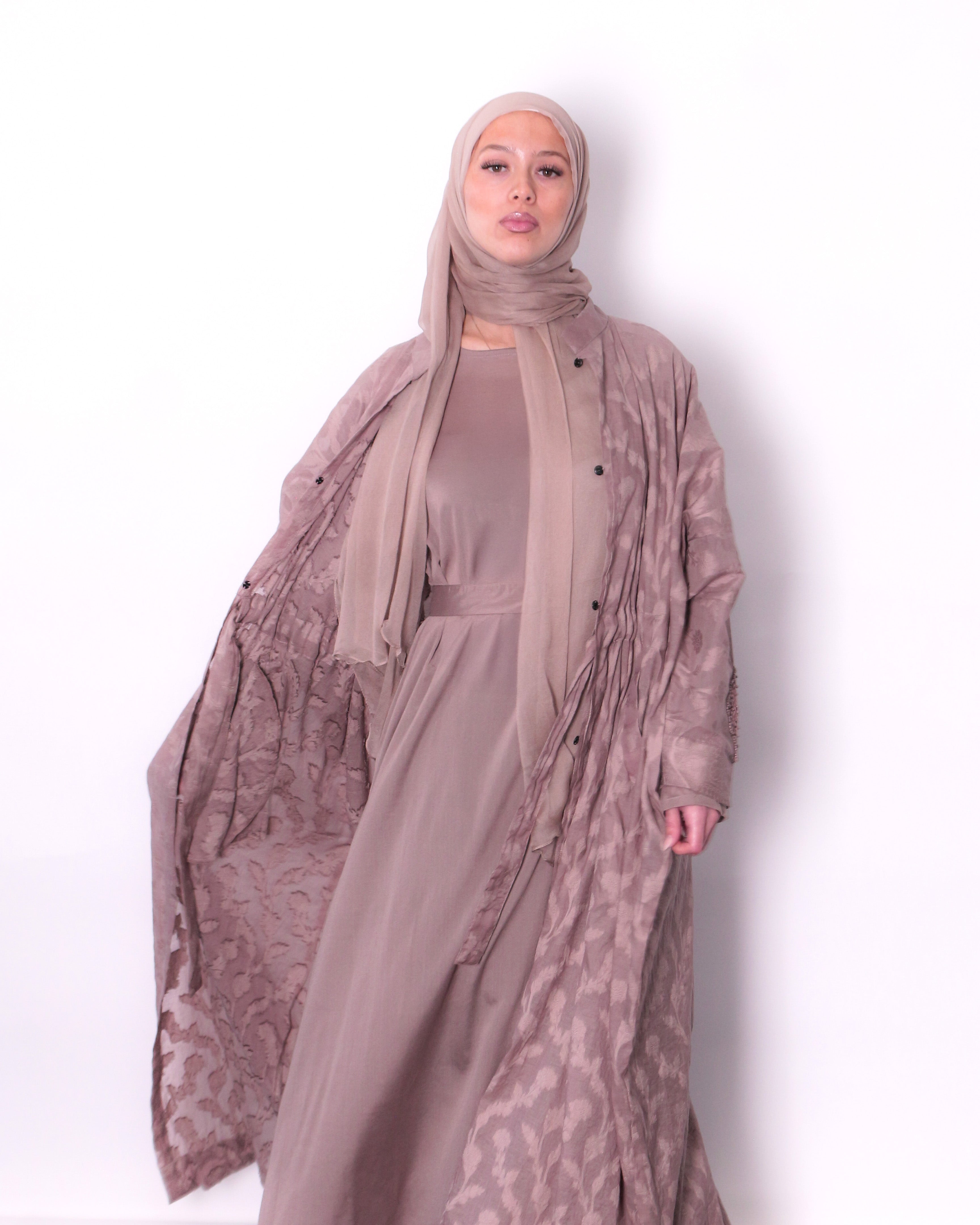 Printed modest jacket set with wrap waist tie