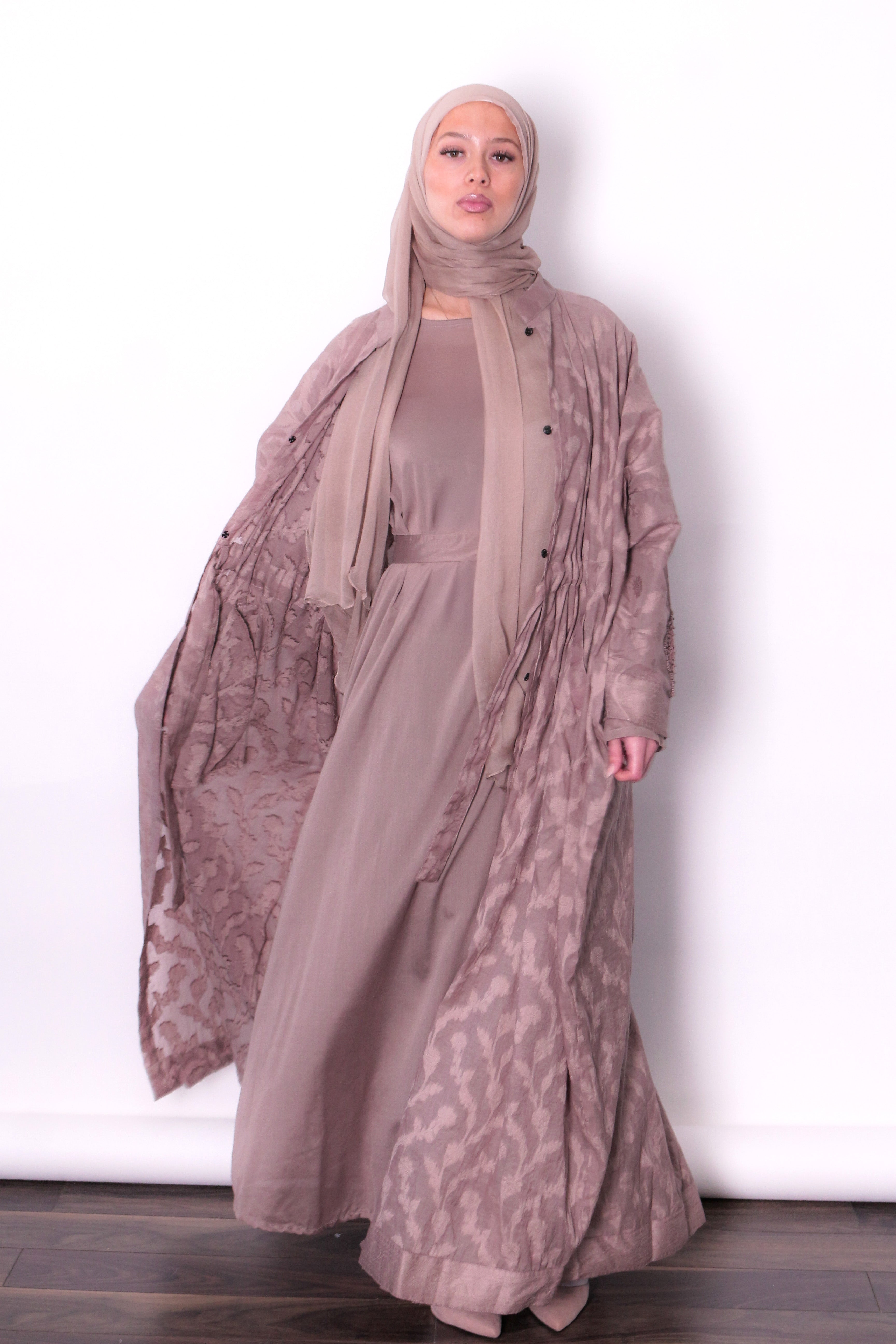 Printed modest jacket set with wrap waist tie
