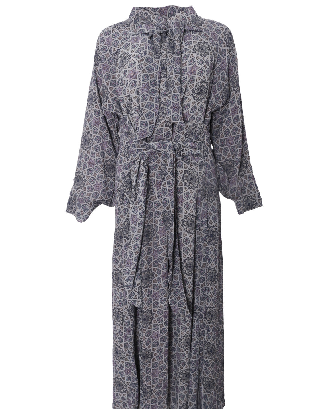 Islamic tile inspired chiffon dress in grey mosaic print