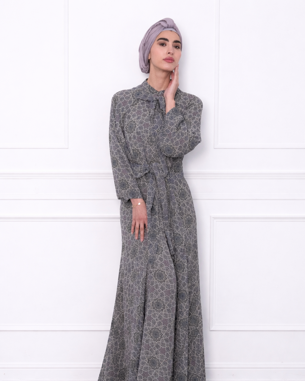 Mihrab Mosaic grey chiffon modest dress with tie belt