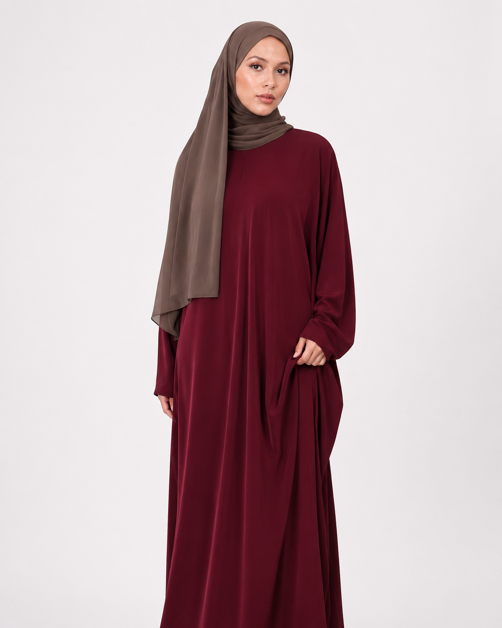 Pomegranate maroon Madina everyday kaftan front view with brown chiffon hijab