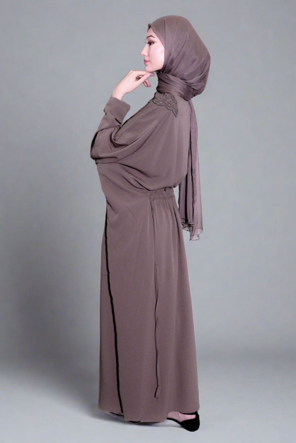 modest kaftan with signature luxury embroidery on the shoulders, hijab, luxury modest wear for occasions, timeless mauve colour