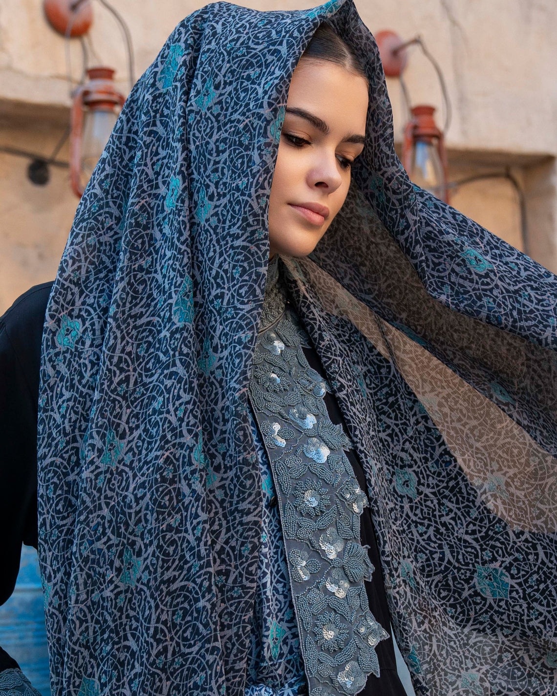 modest maxi chiffon blue printed scarves