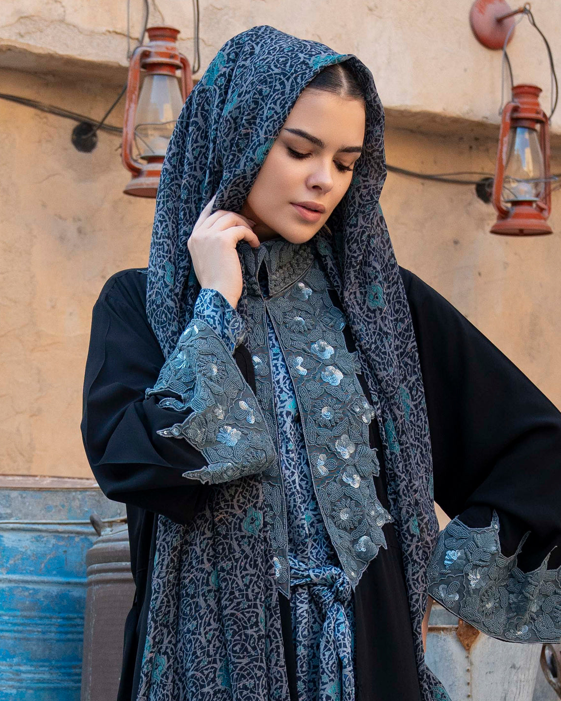 woman in dubai wearing blue printed hijab