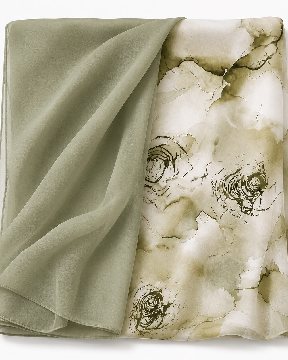 Sage printed chiffon hijab with floral panel and plain chiffon side