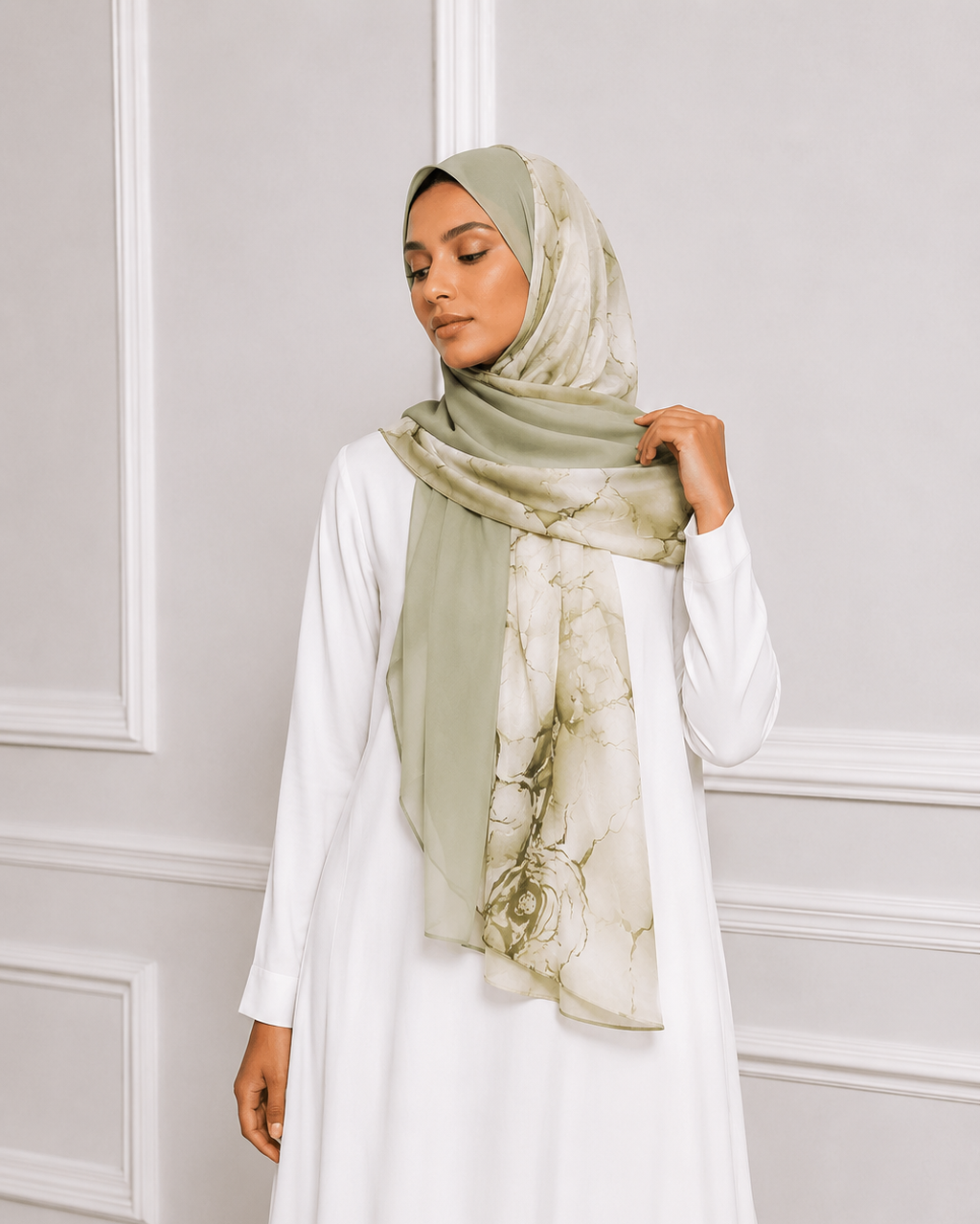 Model wearing sage floral chiffon hijab with modest outfit