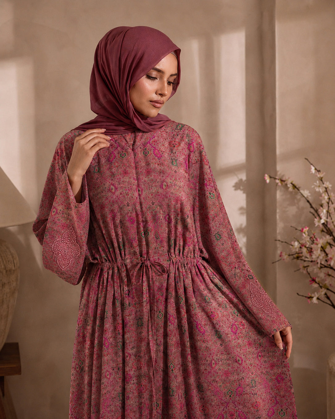 Pink sheer chiffon Riad jacket kaftan with beaded cuff detail and front waist ties.