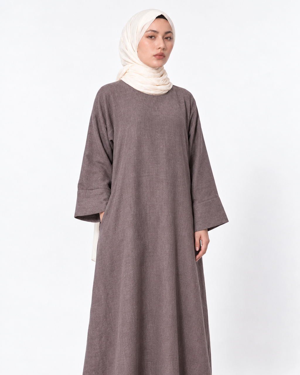 Misk light brown linen lycra abaya with wide bell sleeves, full length everyday modest abaya