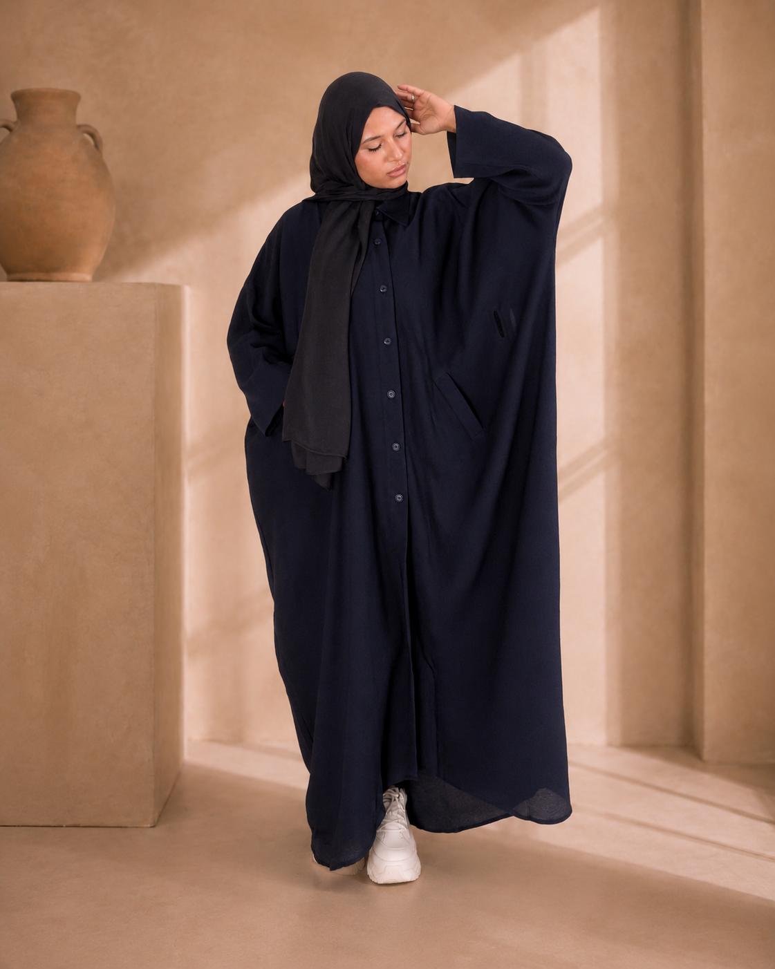 Navy shirt style abaya kaftan with pockets and belt