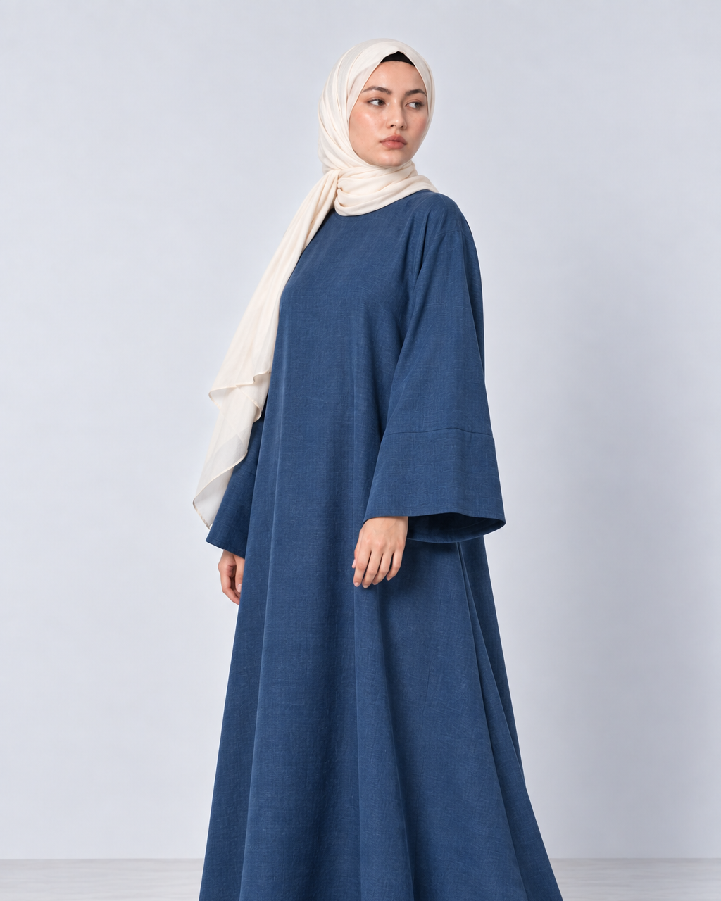 Bahr soft denim blue linen lycra abaya with wide bell sleeves and A-line cut