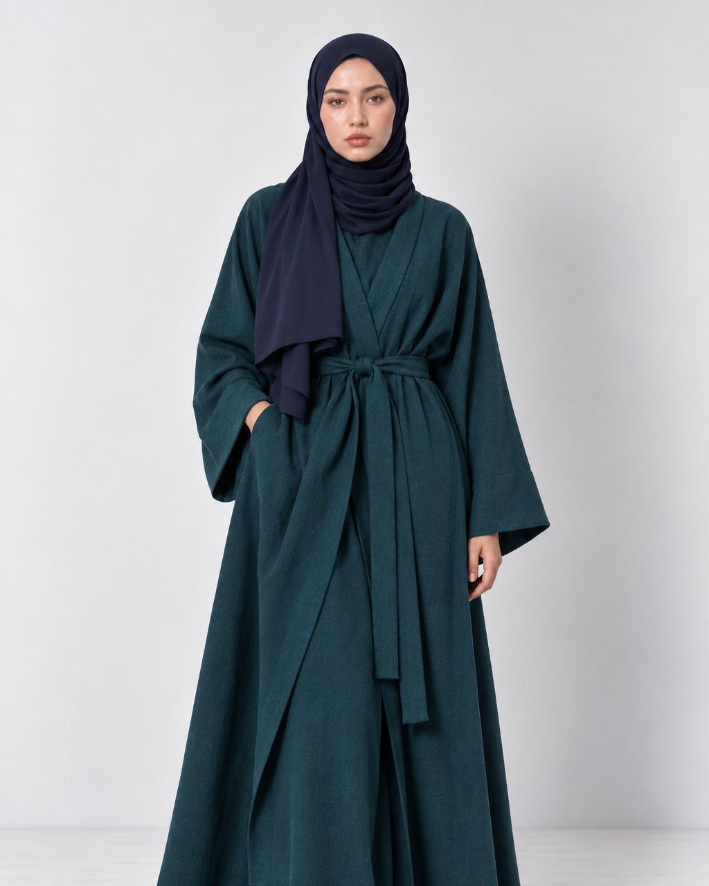 Fayrouz jewel toned teal linen lycra open abaya jacket with tie waist belt