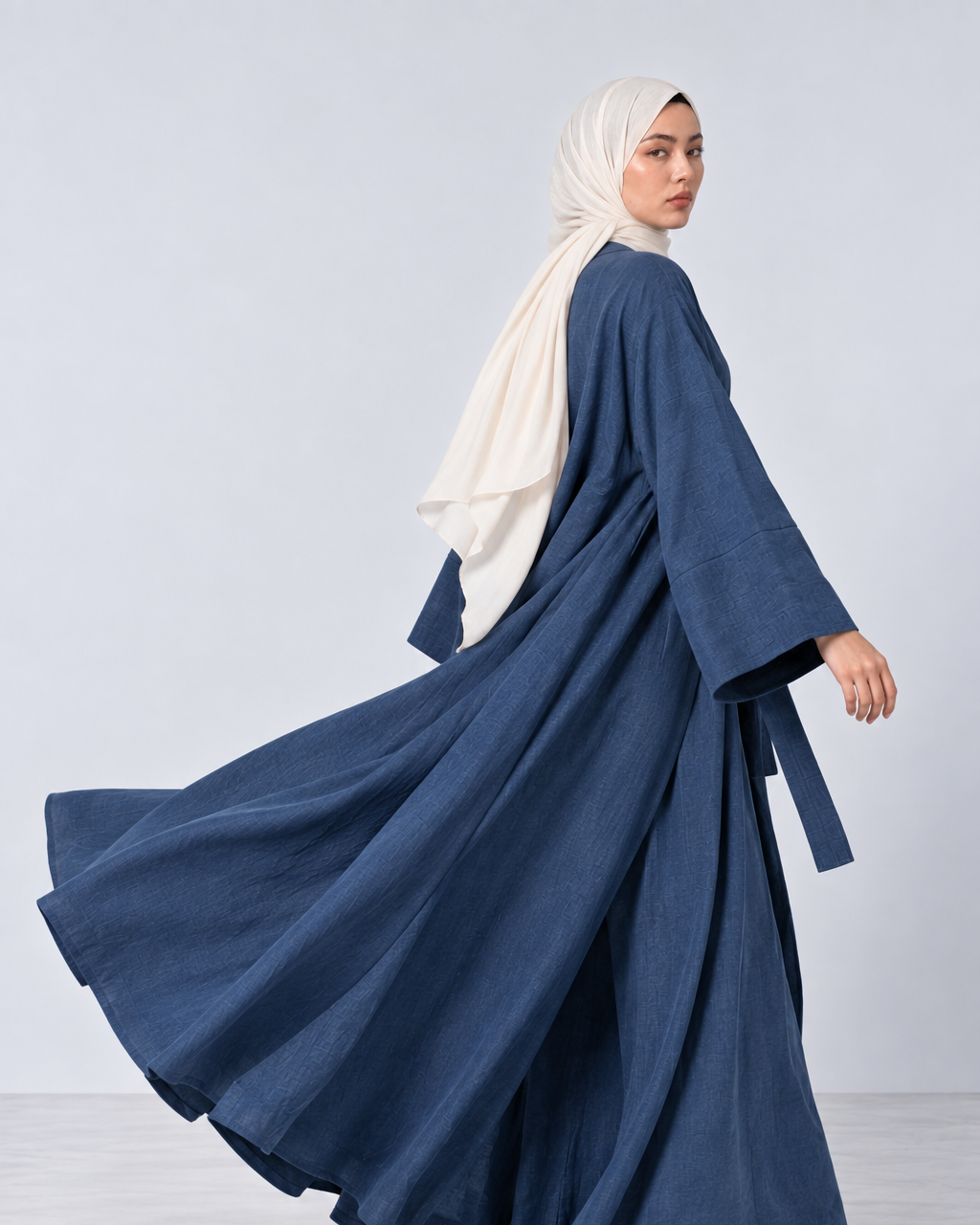 Bahr soft denim blue linen lycra open abaya jacket with tie waist belt and bell sleeves