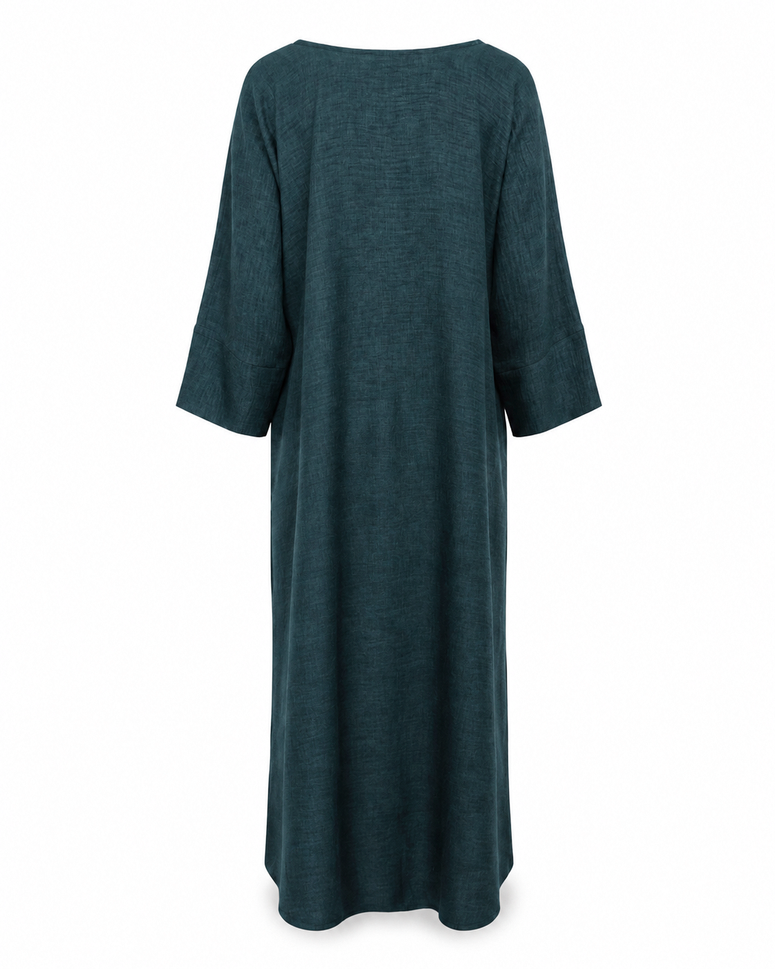 Model wearing the Fayrouz teal linen abaya under the matching Fayrouz jacket