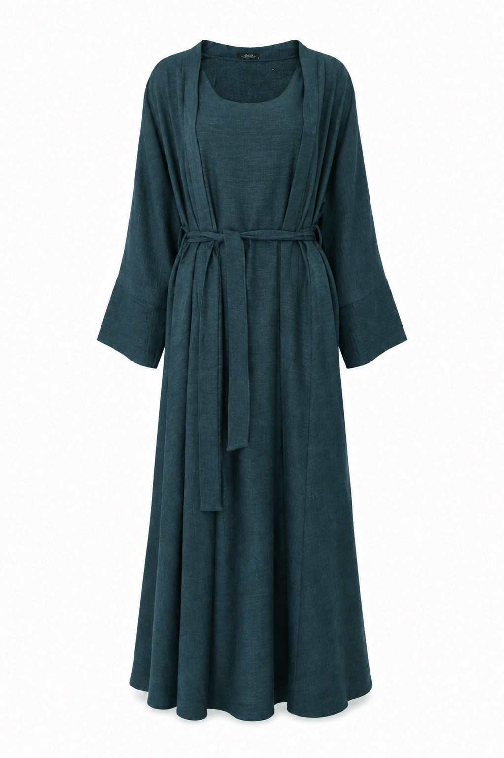 Full length view of the Fayrouz teal abaya showing the straight relaxed cut