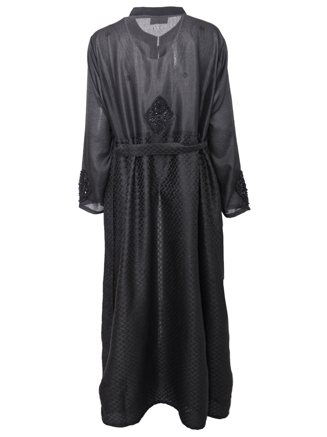 Back beading detail on the Keffiyeh black longline jacket