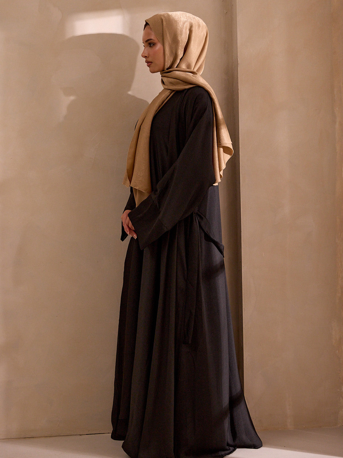 Lightweight black open-front modest jacket with wide sleeves