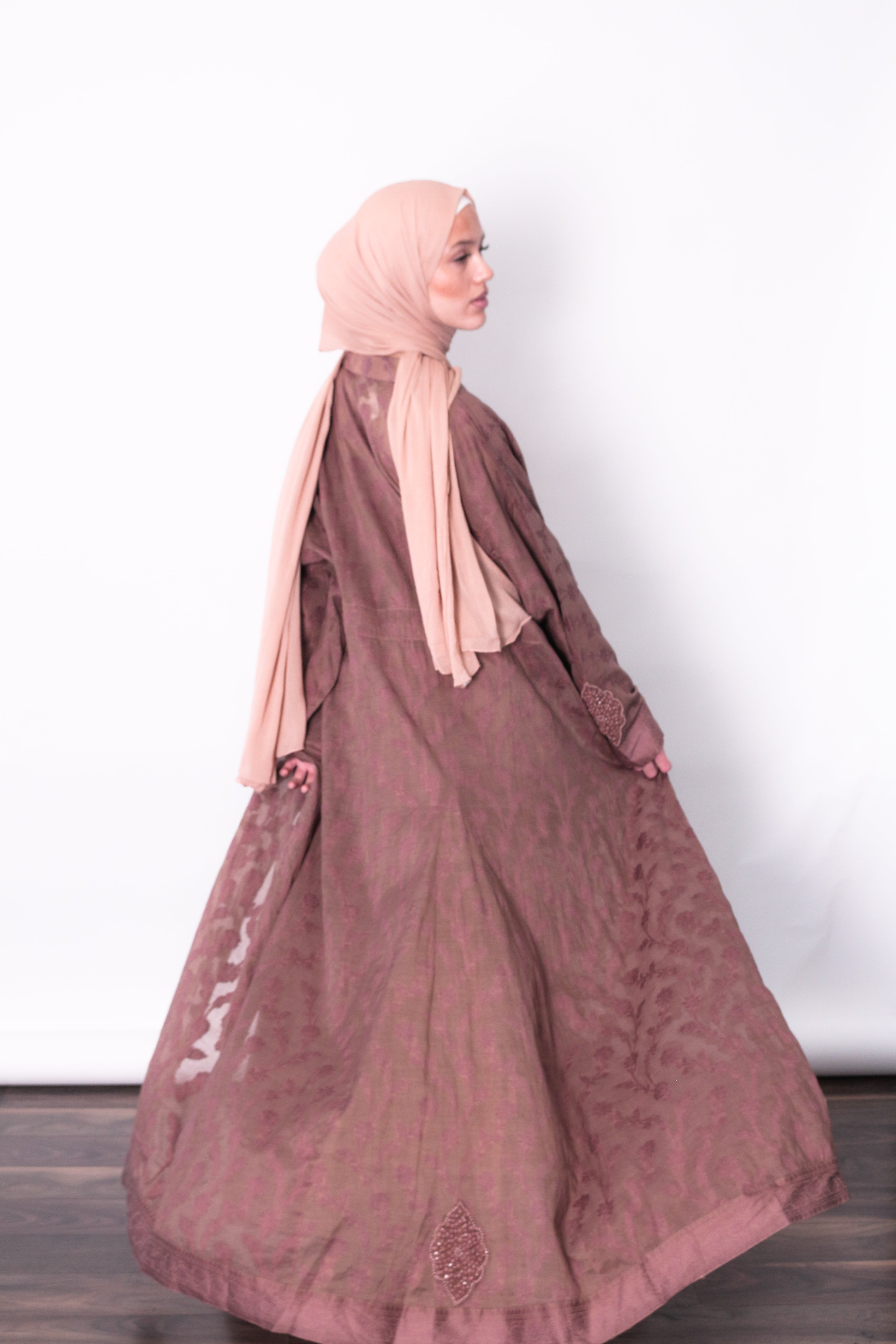 Clay mauve modest jacket set with woven floral jacquard