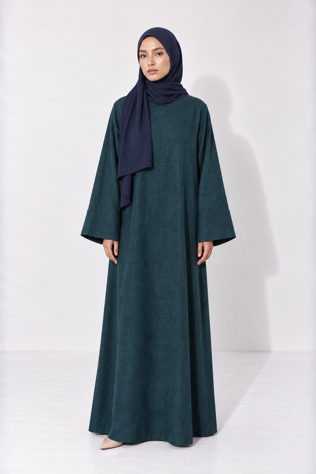 Fayrouz jewel toned teal linen lycra abaya with wide sleeves, full length modest abaya