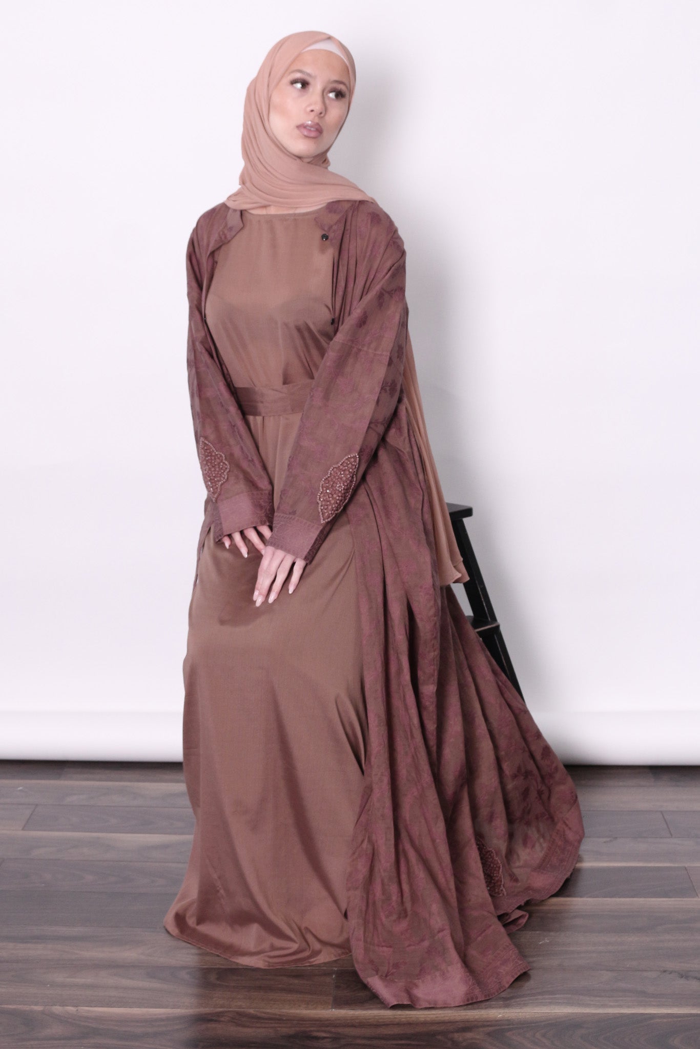 Full-length modest clay mauve jacket set with waist tie