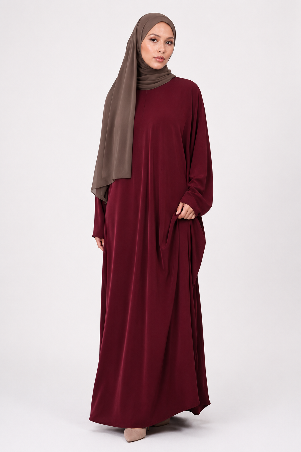 Pomegranate maroon Madina everyday kaftan front view with brown chiffon hijab