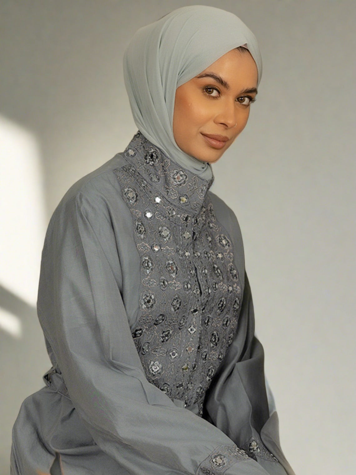 Luxury wedding and event jacket with mirrors . Maxi open abaya jacket. hijab blue 