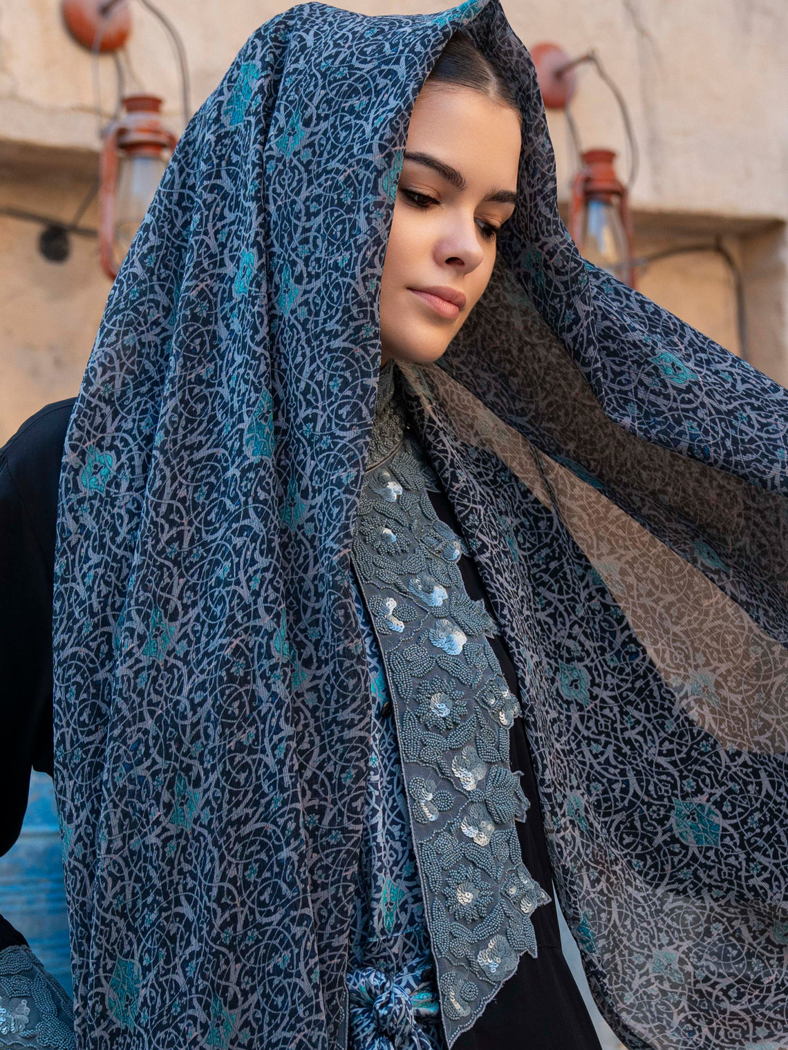modest maxi chiffon blue printed scarves