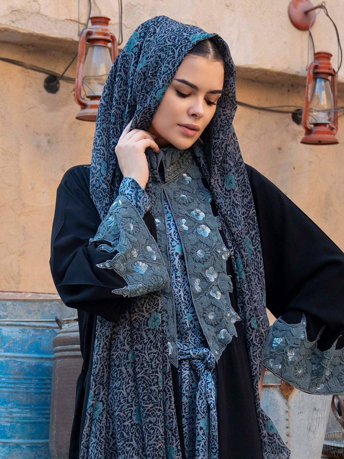 woman in dubai wearing blue printed hijab