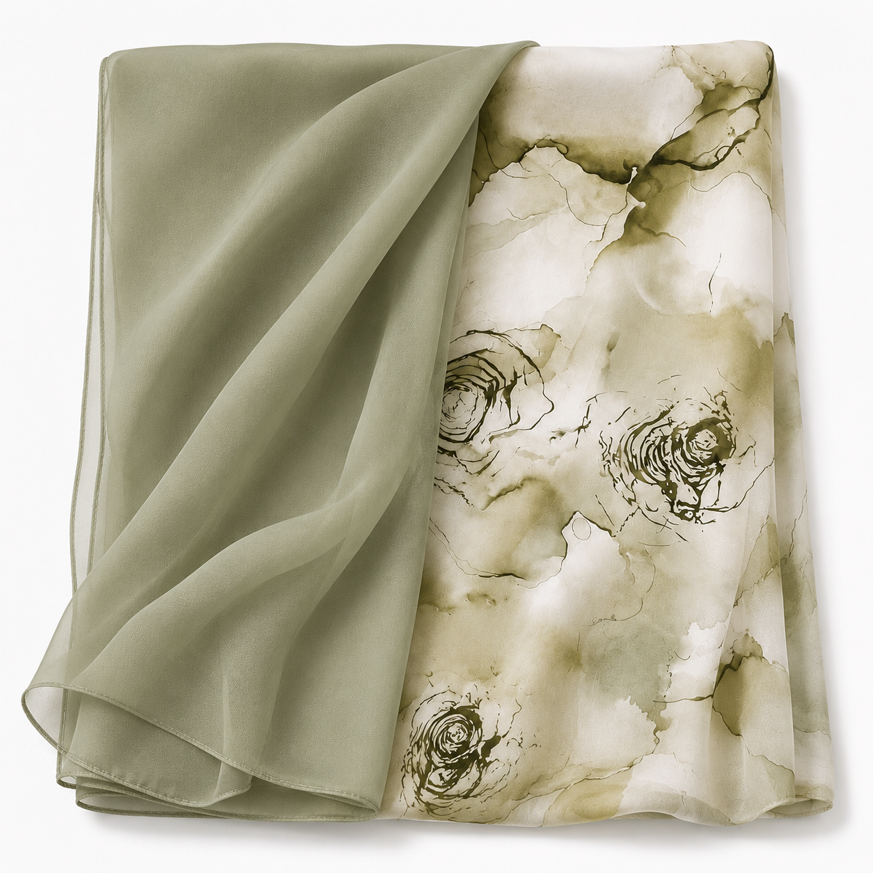 Sage printed chiffon hijab with floral panel and plain chiffon side