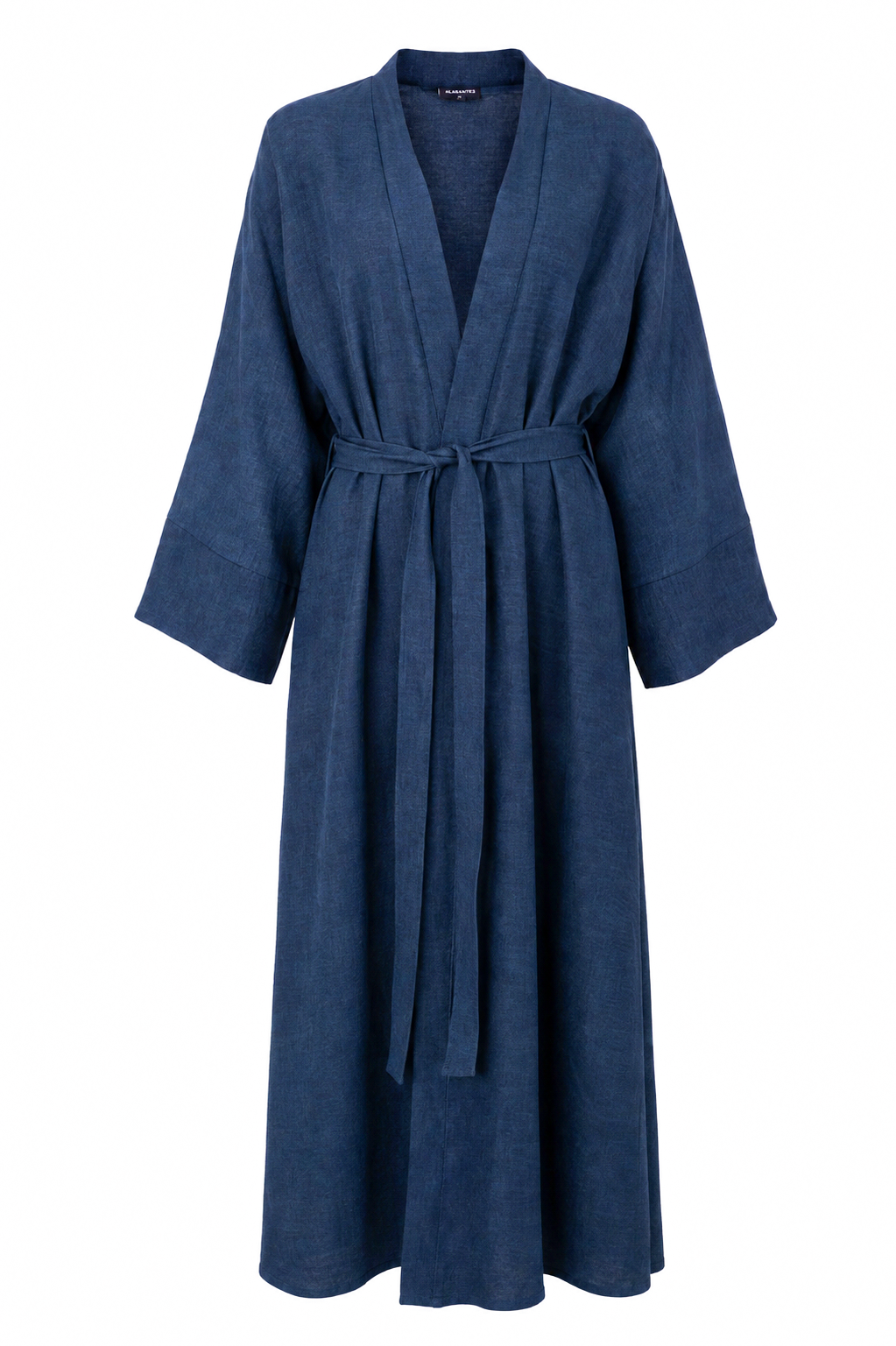 Model wearing the Bahr blue linen jacket over the matching Bahr abaya with a cream hijab