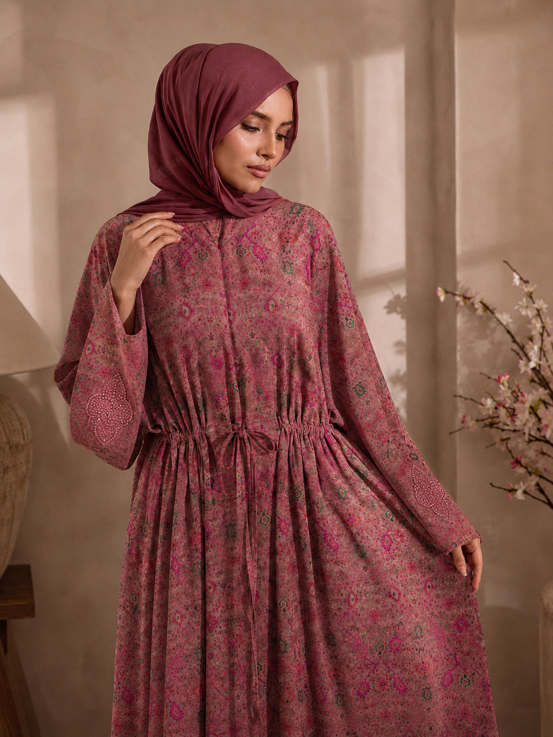 Pink sheer chiffon Riad jacket kaftan with beaded cuff detail and front waist ties.