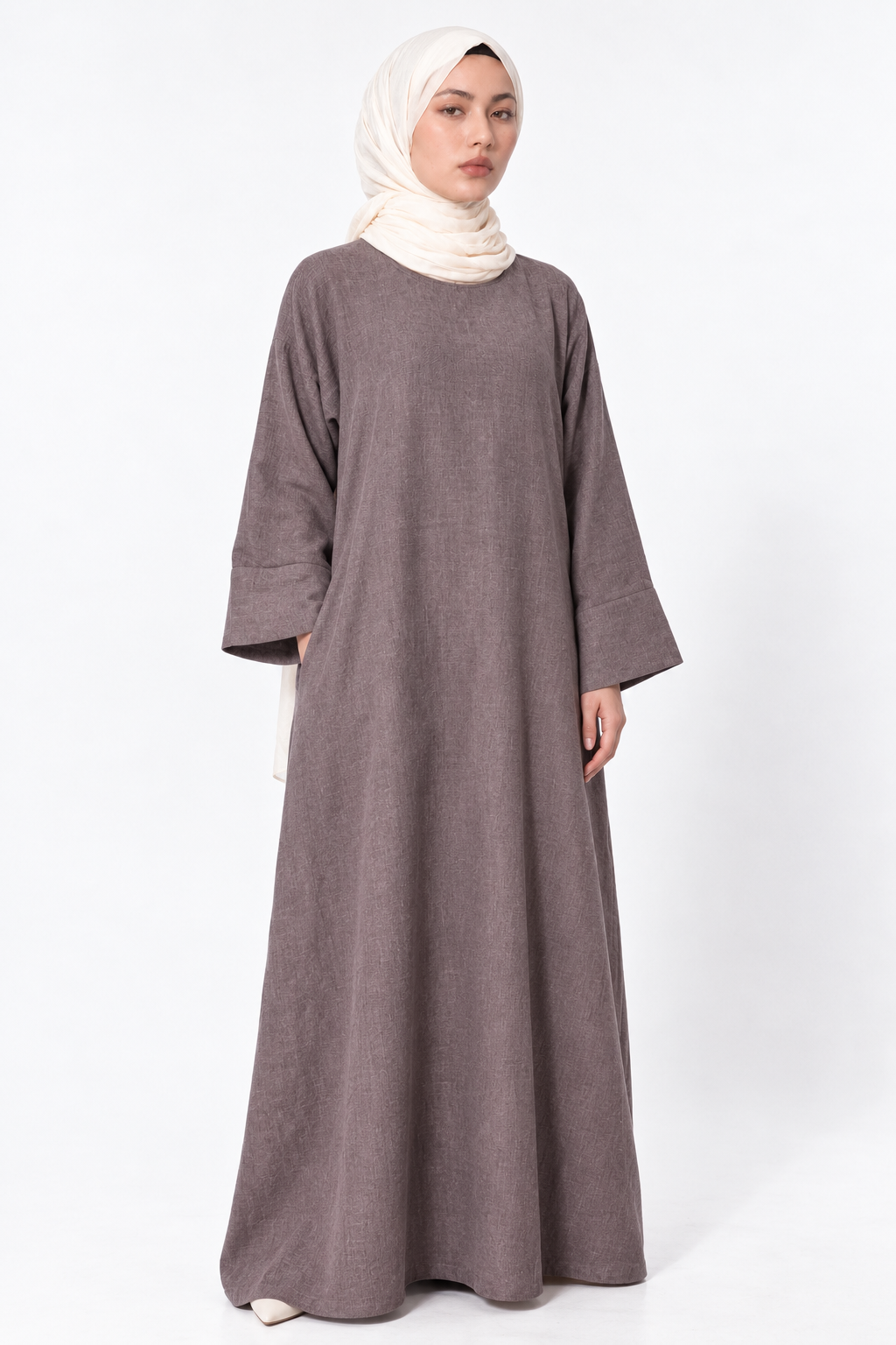 Misk light brown linen lycra abaya with wide bell sleeves, full length everyday modest abaya