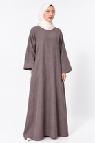 Misk light brown linen lycra abaya with wide bell sleeves, full length everyday modest abaya