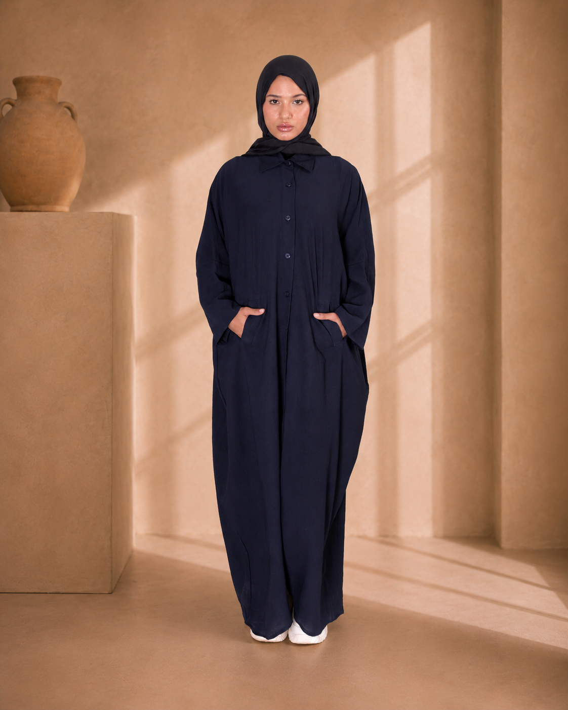 Loose navy modest kaftan for warm weather