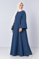 Bahr soft denim blue linen lycra abaya with wide bell sleeves and A-line cut