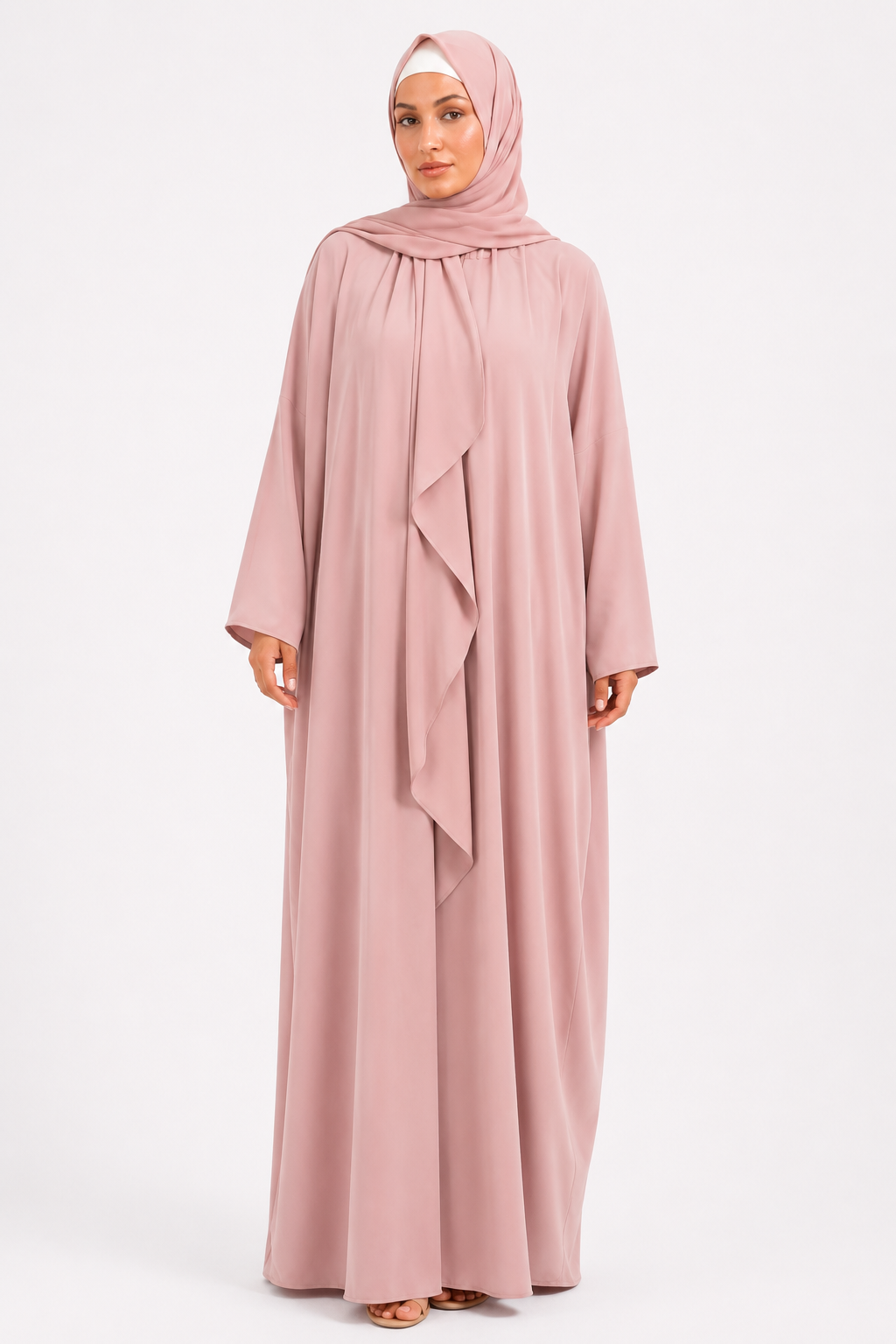 Rose Dust Madina Everyday Kaftan front view with matching pink hijab
