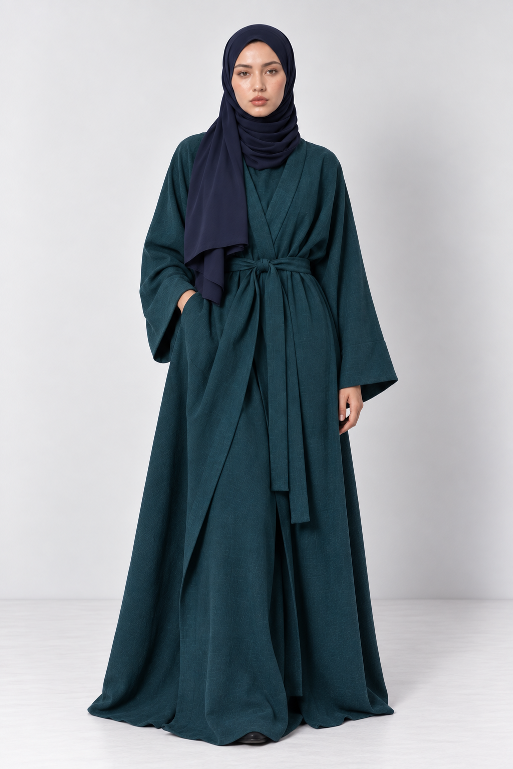 Fayrouz jewel toned teal linen lycra open abaya jacket with tie waist belt