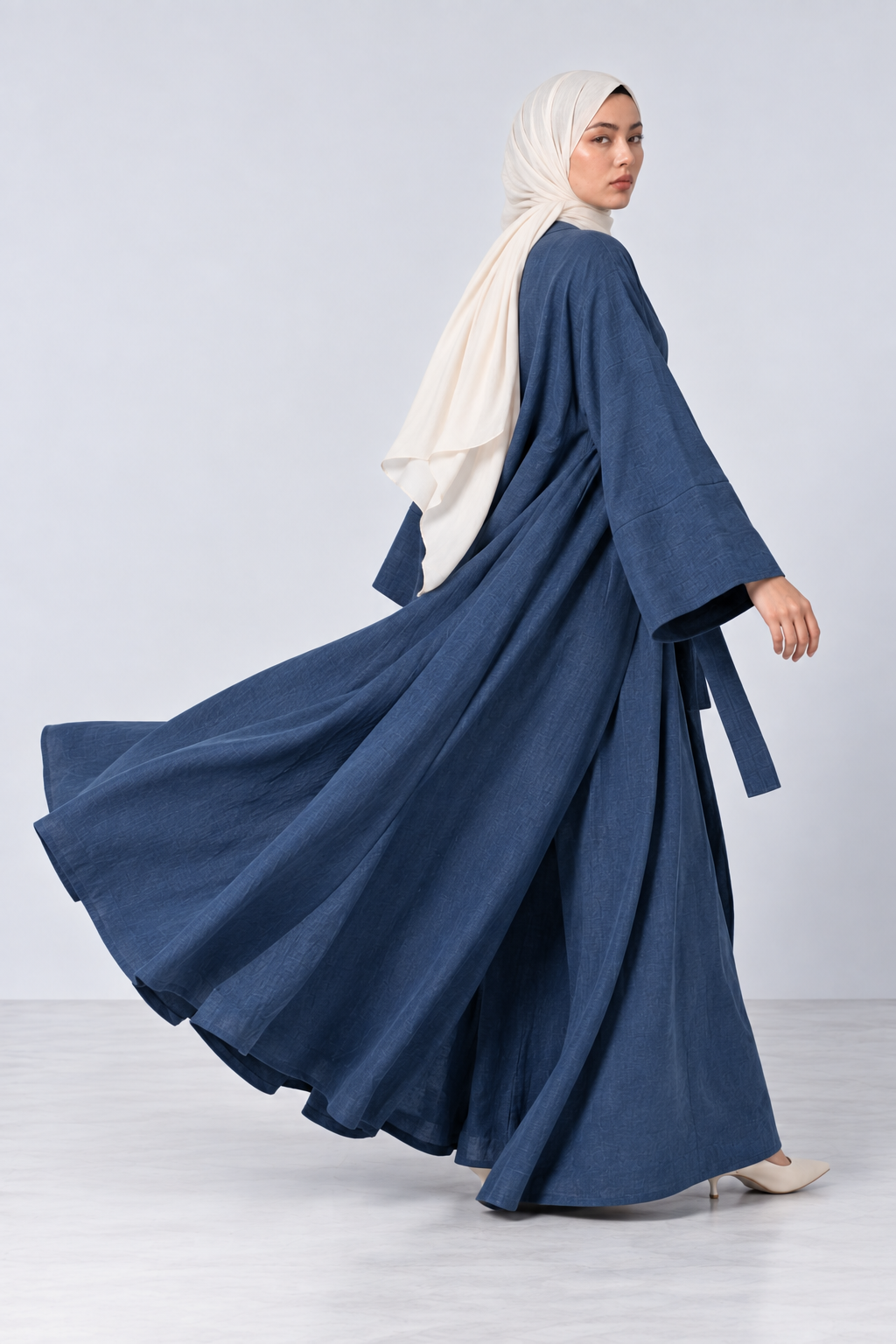 Bahr soft denim blue linen lycra open abaya jacket with tie waist belt and bell sleeves